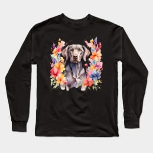 A weimaraner decorated with beautiful watercolor flowers Long Sleeve T-Shirt